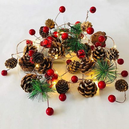 20 LED Christmas String Lights 7 ft Pinecone Red Berry Bell Xmas Garland Fairy String Light for Party Christmas Tree Decoration